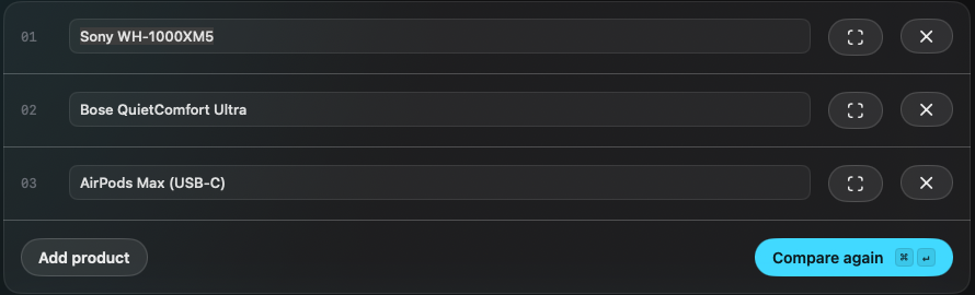 Three product inputs with screen-capture buttons
